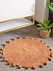 furn. Pecan Brown Circle Pom Pom Cotton 100% Cotton Bath Mat - Image 1 of 3
