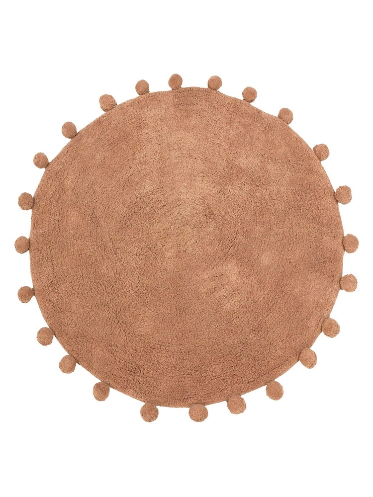 furn. Pecan Brown Circle Pom Pom Cotton 100% Cotton Bath Mat - Image 2 of 3