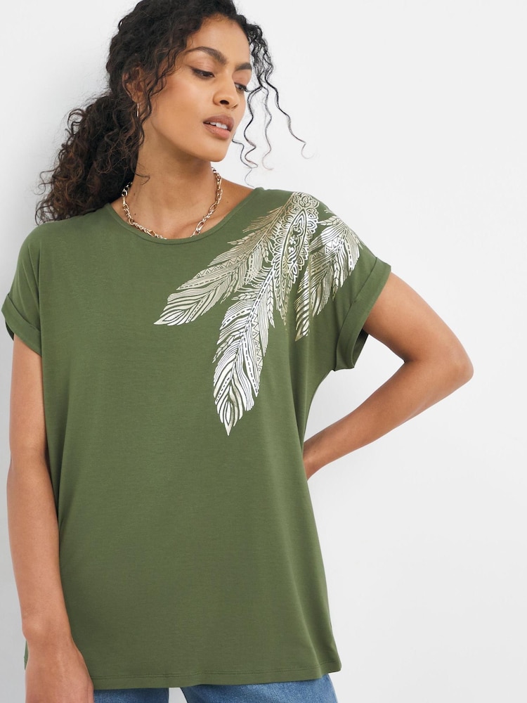 JD Williams Green Feather Foil Print Top - Image 1 of 4 JD Williams Green Feather Foil Print Top - Image 1 of 4