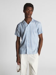 Reiss White/Soft Blue Lebon Striped Cuban Collar Shirt - Image 1 of 5