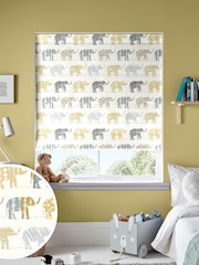 Lemon Yelllow Kids Patterned Elephants Made To Measure Roman 100% Cotton Blind - Image 1 of 6