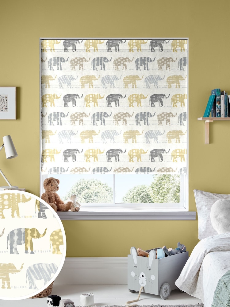 Lemon Yelllow Kids Patterned Elephants Made To Measure Roman 100% Cotton Blind - Image 1 of 6
