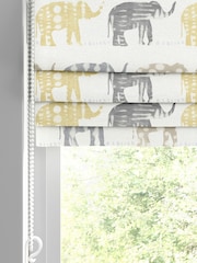 Lemon Yelllow Kids Patterned Elephants Made To Measure Roman 100% Cotton Blind - Image 2 of 6