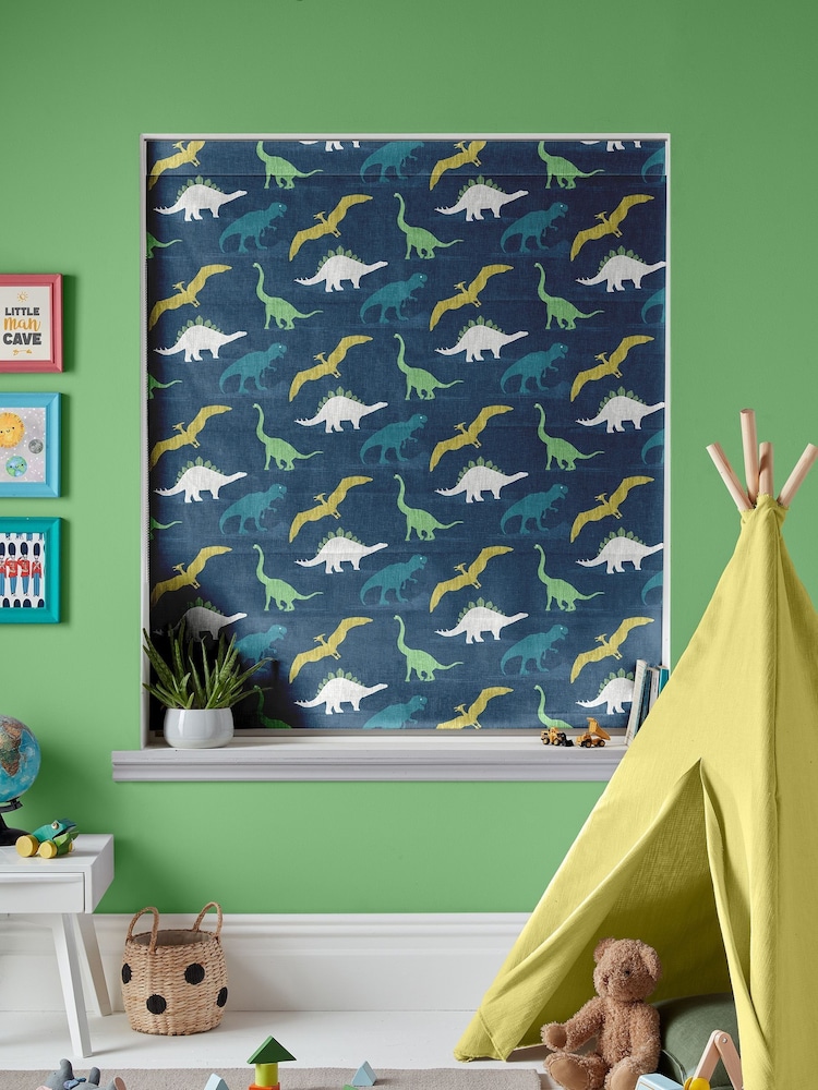 Navy Blue Kids Multi Dino Made To Measure Roman 100% Cotton Blind - Image 1 of 5
