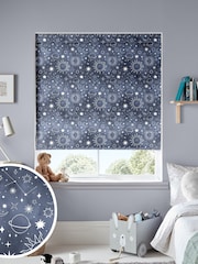 Ink Blue Kids Space And Moon Made To Measure Roman 100% Cotton Blinds - Image 1 of 6