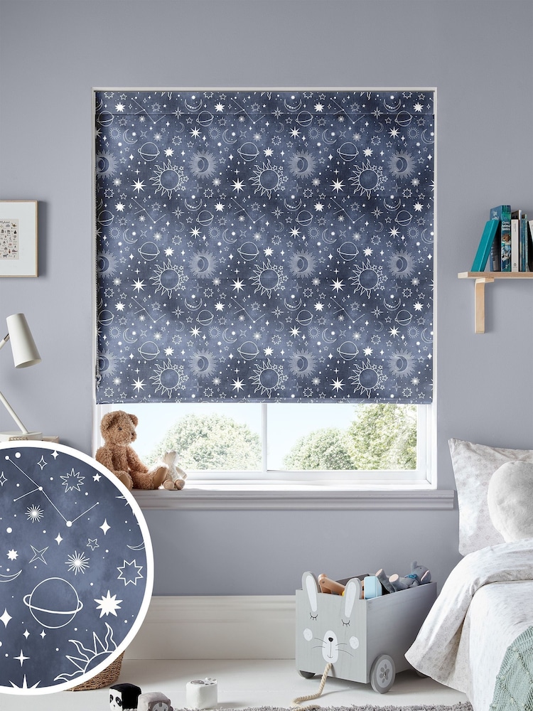 Ink Blue Kids Space And Moon Made To Measure Roman 100% Cotton Blinds - Image 1 of 6