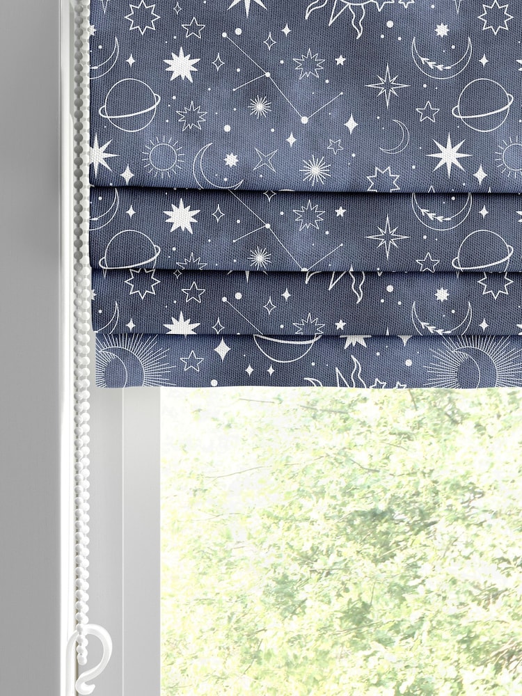Ink Blue Kids Space And Moon Made To Measure Roman 100% Cotton Blinds - Image 2 of 6