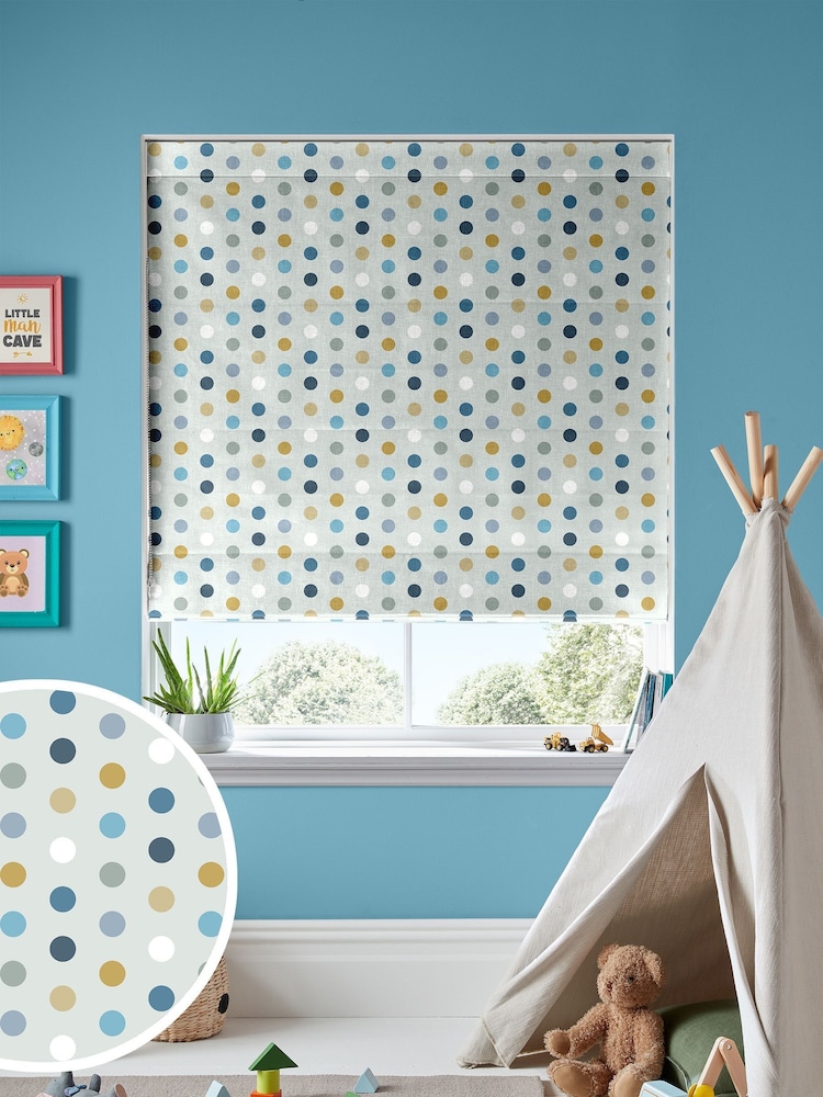 Sky Blue Kids Polka Dots Made To Measure Roman 100% Cotton Blind - Image 1 of 6