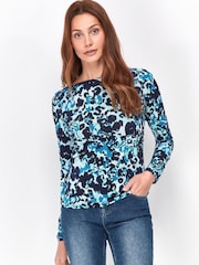 Sonder Studio Blue Blurred Floral Slash Neck Top - Image 1 of 5
