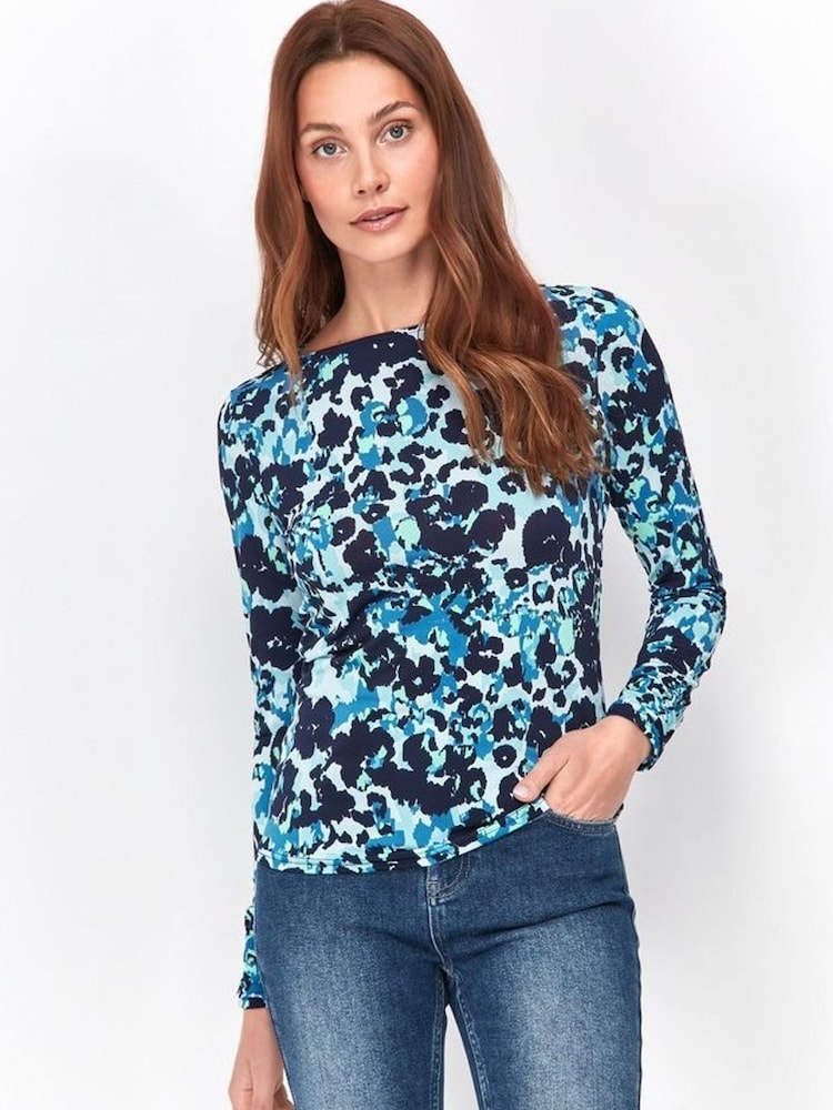 Sonder Studio Blue Blurred Floral Slash Neck Top - Image 1 of 5