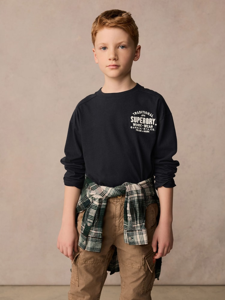 Superdry Charcoal Grey Long Sleeve Workwear Printed T-Shirt - Image 1 of 11 Superdry Charcoal Grey Long Sleeve Workwear Printed T-Shirt - Image 1 of 11