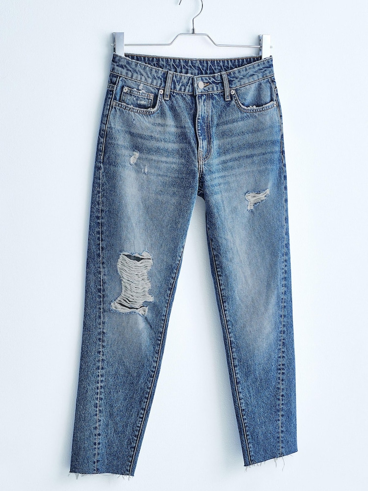 Own. Mid Blue Ripped Twisted Seam Mom Jeans - Image 1 of 7