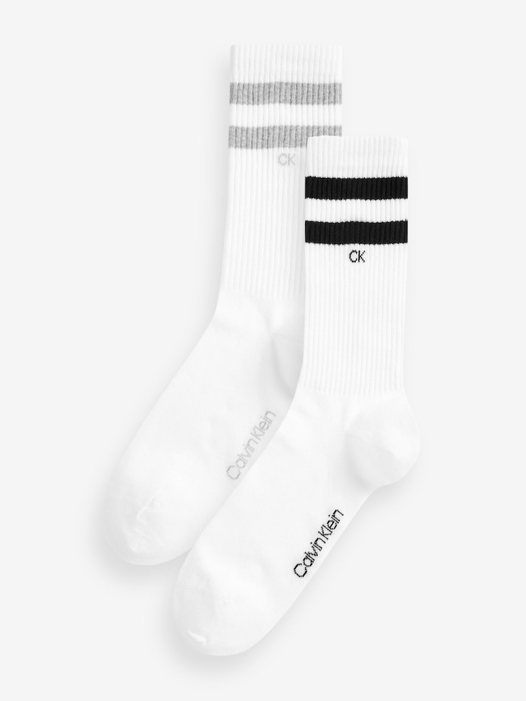 Calvin Klein White Mens Striped 100% Cotton Socks 2 Pack - Image 1 of 3