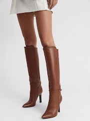 Reiss Tan Caitlin Leather Knee High Boots - Image 2 of 9