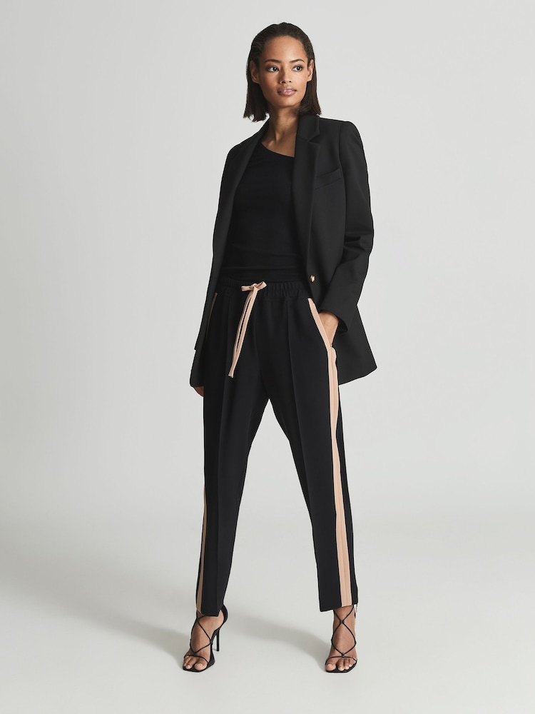 Reiss Black Frazer Taper Tapered Side Stripe Trousers - Image 1 of 6