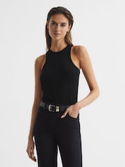Reiss Black Mirabel Ribbed Jersey Racer Tank Top - Image 1 of 6