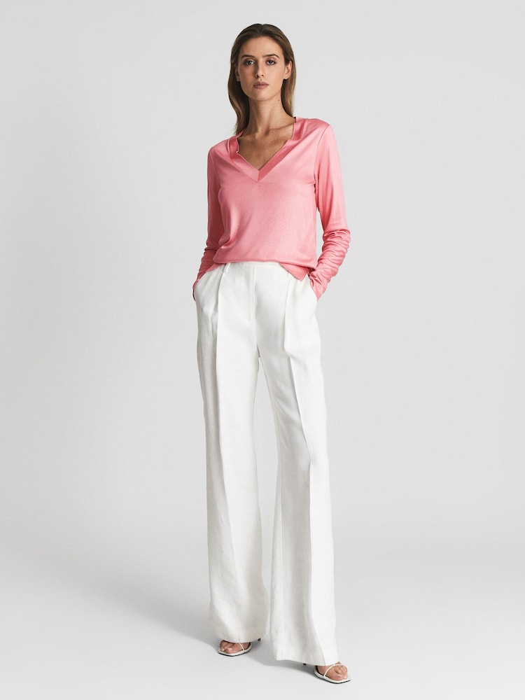 Reiss Pink Selena Long Sleeve V-Neck Jersey Top - Image 1 of 5 Reiss Pink Selena Long Sleeve V-Neck Jersey Top - Image 1 of 5