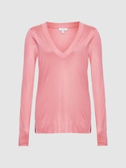 Reiss Pink Selena Long Sleeve V-Neck Jersey Top - Image 2 of 5