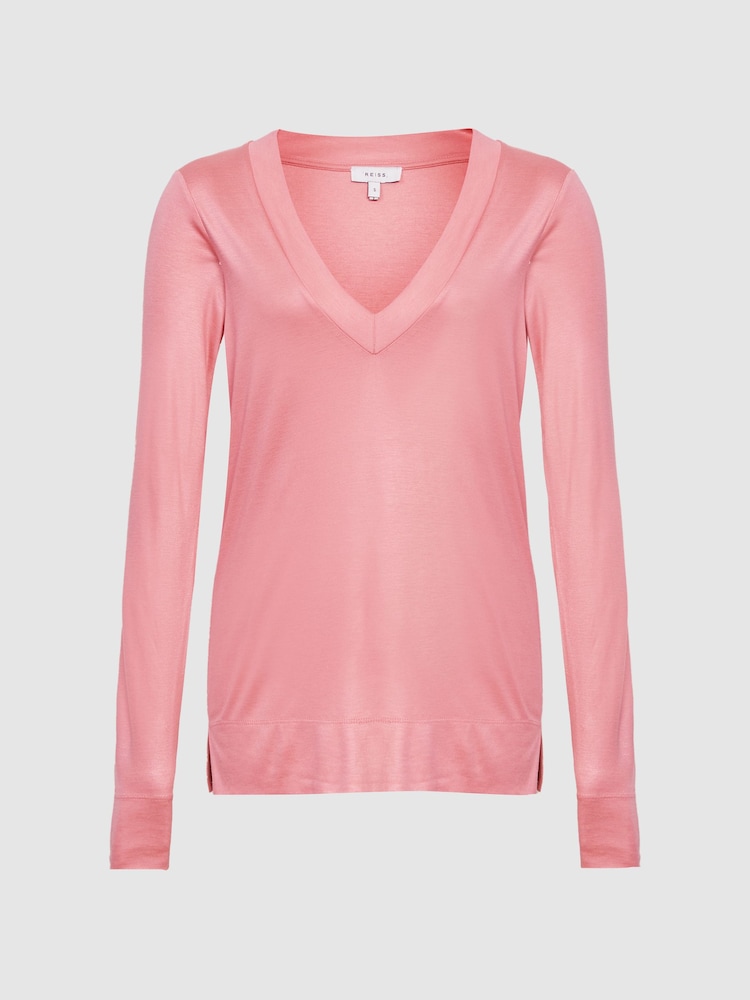 Reiss Pink Selena Long Sleeve V-Neck Jersey Top - Image 2 of 5 Reiss Pink Selena Long Sleeve V-Neck Jersey Top - Image 2 of 5