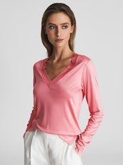 Reiss Pink Selena Long Sleeve V-Neck Jersey Top - Image 3 of 5