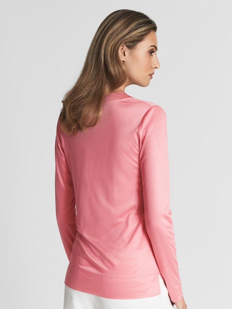 Reiss Pink Selena Long Sleeve V-Neck Jersey Top - Image 5 of 5 Reiss Pink Selena Long Sleeve V-Neck Jersey Top - Image 5 of 5