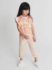 Reiss Orange Print Jude Jr Ruffle Shoulder T-Shirt - Image 1 of 5