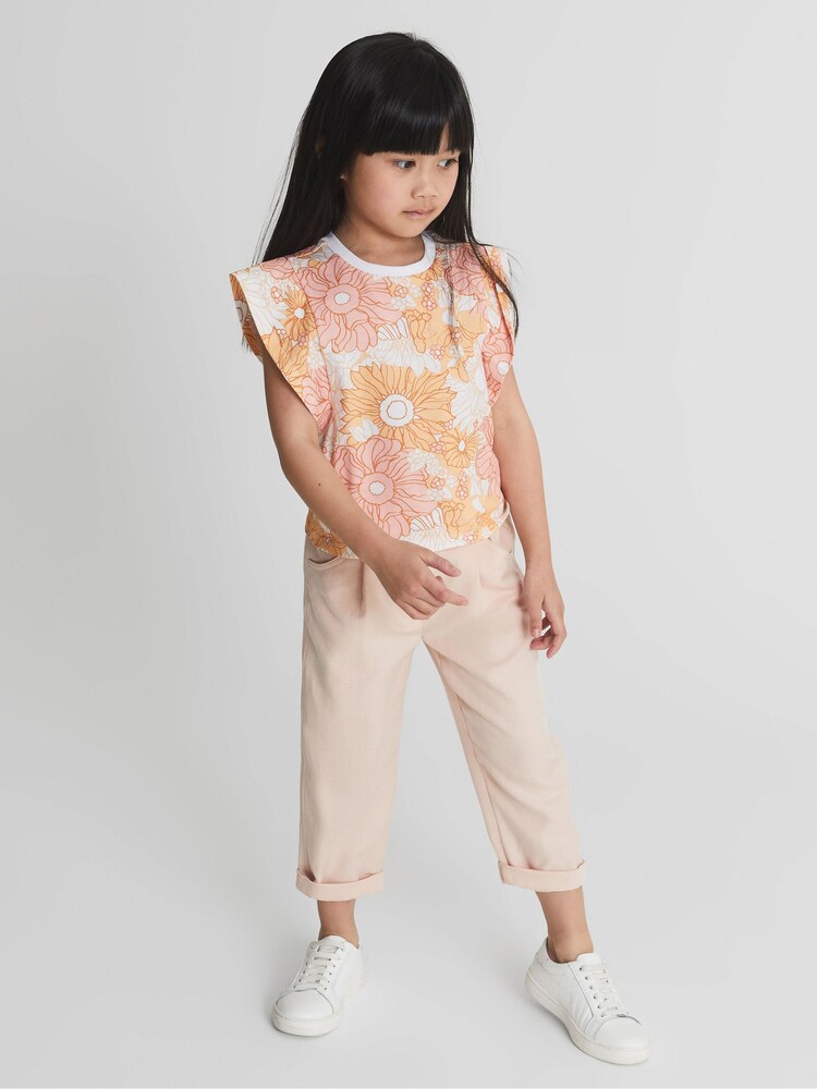 Reiss Orange Print Jude Jr Ruffle Shoulder T-Shirt - Image 1 of 5 Reiss Orange Print Jude Jr Ruffle Shoulder T-Shirt - Image 1 of 5