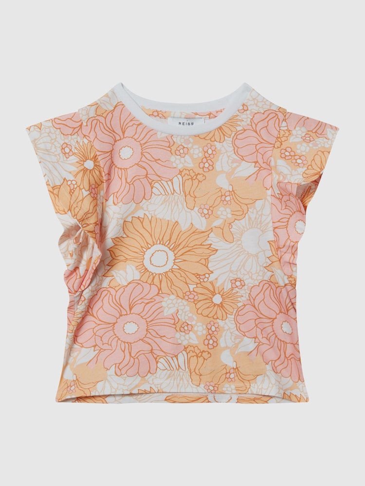 Reiss Orange Print Jude Jr Ruffle Shoulder T-Shirt - Image 2 of 5 Reiss Orange Print Jude Jr Ruffle Shoulder T-Shirt - Image 2 of 5