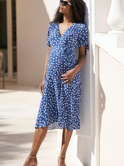Seraphine Blue Midi Wrap Maternity Dress - Image 1 of 6