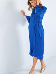 Blue Maternity/Nursing Satin Wrap Dress - Image 1 of 5