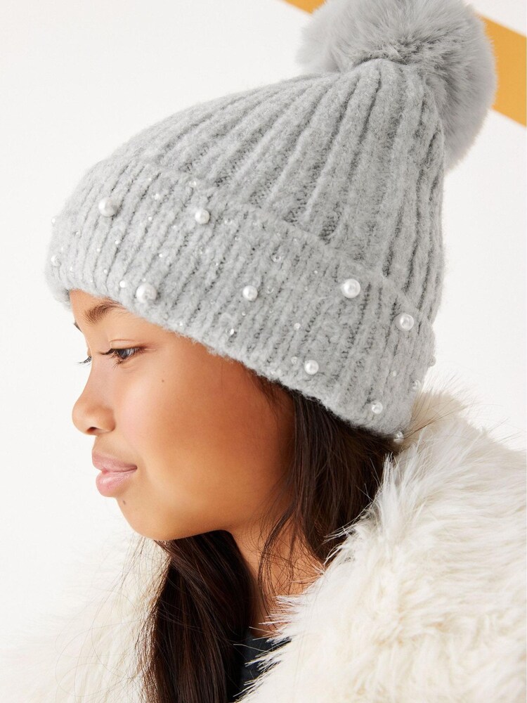 Grey Embellished Pom Pom Beanie Hat (3-16yrs) - Image 1 of 1