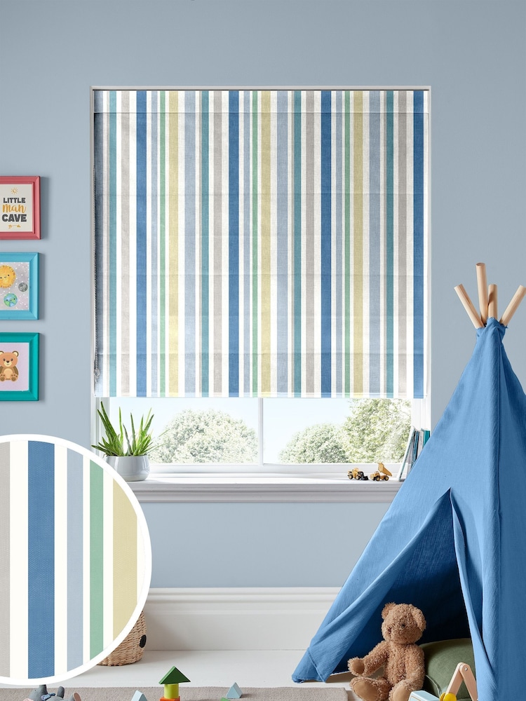 Blue Multi Kids Stripe Made To Measure Roman 100% Cotton Blind - Image 1 of 6