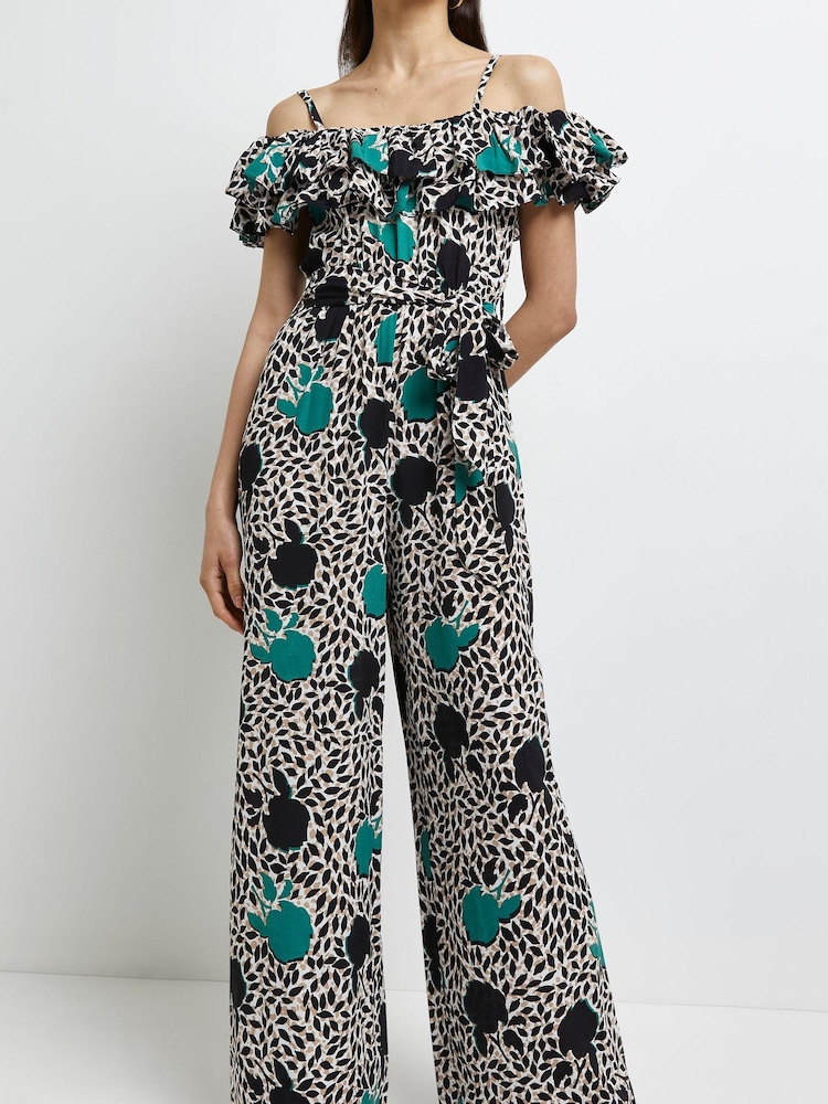 Buy River Island Green Floral Frill Bardot Jumpsuit from Next