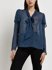 River Island Blue Pussybow Animal Chiffon Top - Image 1 of 5