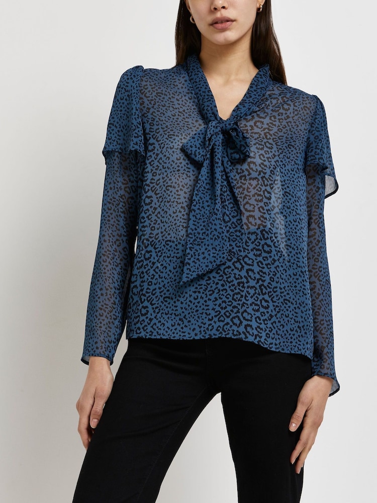 River Island Blue Pussybow Animal Chiffon Top - Image 1 of 5