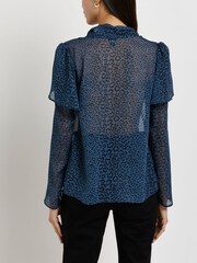 River Island Blue Pussybow Animal Chiffon Top - Image 2 of 5