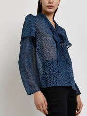 River Island Blue Pussybow Animal Chiffon Top - Image 3 of 5