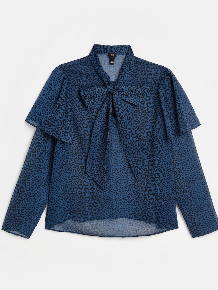 River Island Blue Pussybow Animal Chiffon Top - Image 5 of 5