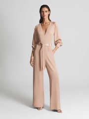 Reiss Pink Elsa Long Sleeve Wide Leg Jumpsuit - Image 1 of 6