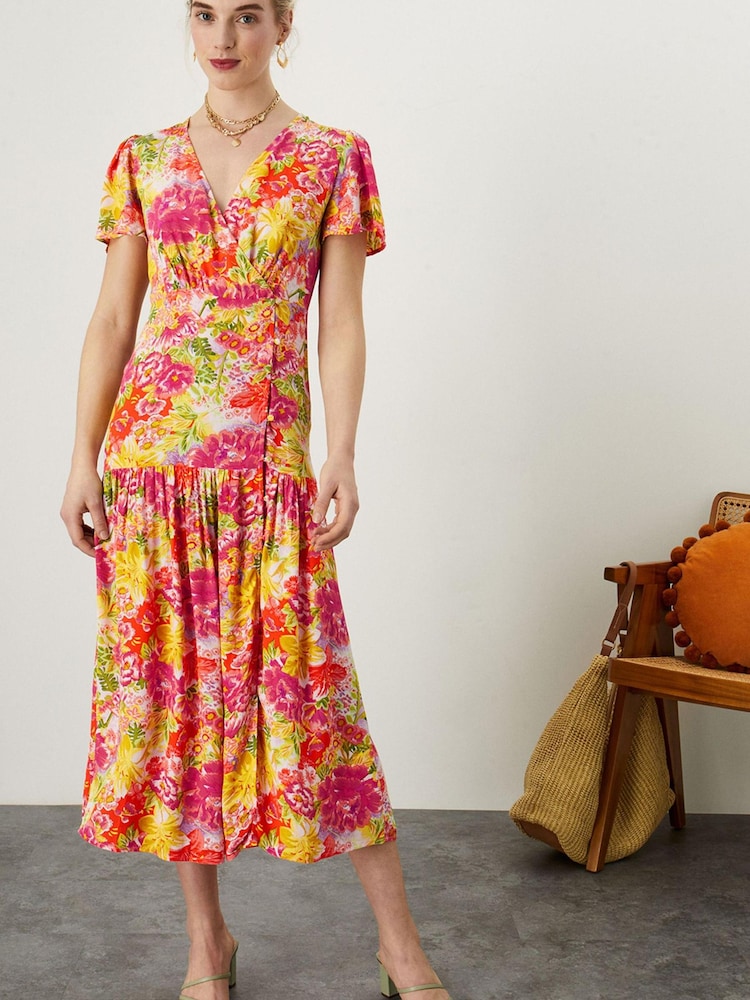 Monsoon Oskana Geblümtes Wickelkleid, Gelb - Bild 1 von 4
