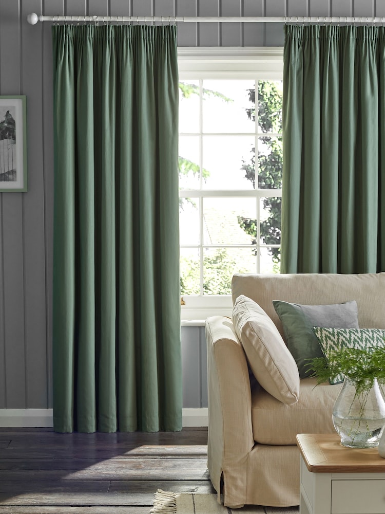 Green Sage Cotton Blackout/Thermal Pencil Pleat Curtains - Image 1 of 8