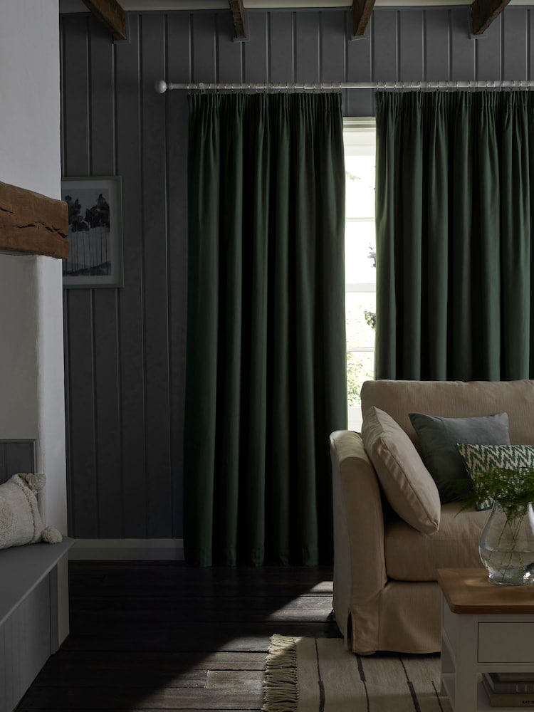 Green Sage Cotton Blackout/Thermal Pencil Pleat Curtains - Image 3 of 8