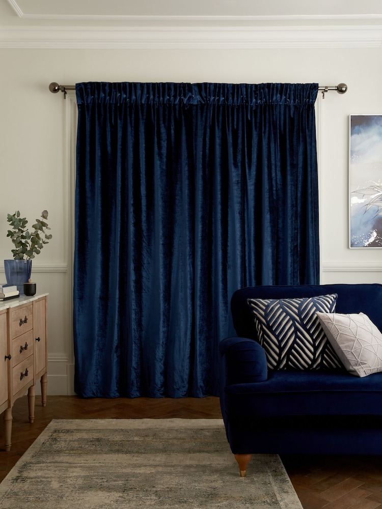 Navy Blue Collection Luxe Heavyweight Lined Plush Velvet Pencil Pleat Curtains - Image 2 of 6