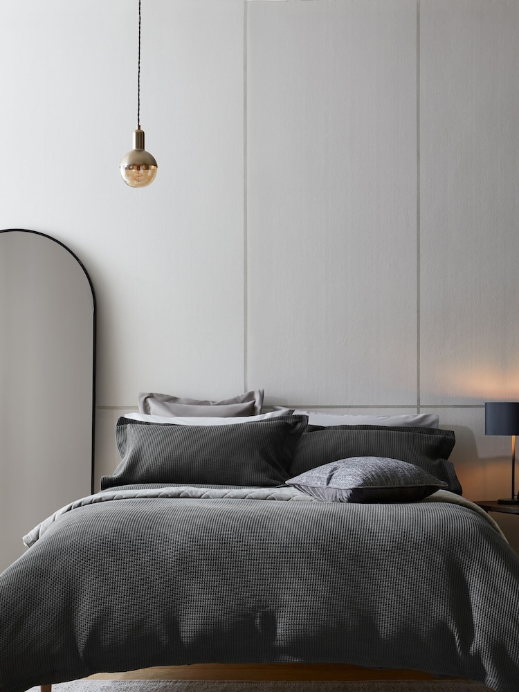 Charcoal Grey Waffle Duvet Cover and Pillowcase Set - Image 1 of 3