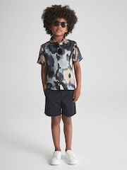 Reiss Blue Fangio Junior Floral Print Cuban Collar Shirt - Image 1 of 7