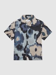 Reiss Blue Fangio Junior Floral Print Cuban Collar Shirt - Image 2 of 7