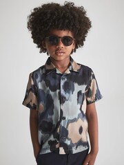 Reiss Blue Fangio Junior Floral Print Cuban Collar Shirt - Image 3 of 7