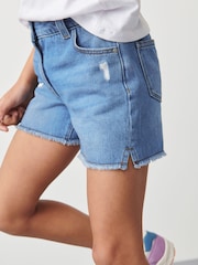 Mid Blue Denim Longer Length Frayed Edge 100% Cotton Denim Shorts (3-16yrs) - Image 6 of 9