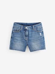 Mid Blue Denim Longer Length Frayed Edge 100% Cotton Denim Shorts (3-16yrs) - Image 8 of 9