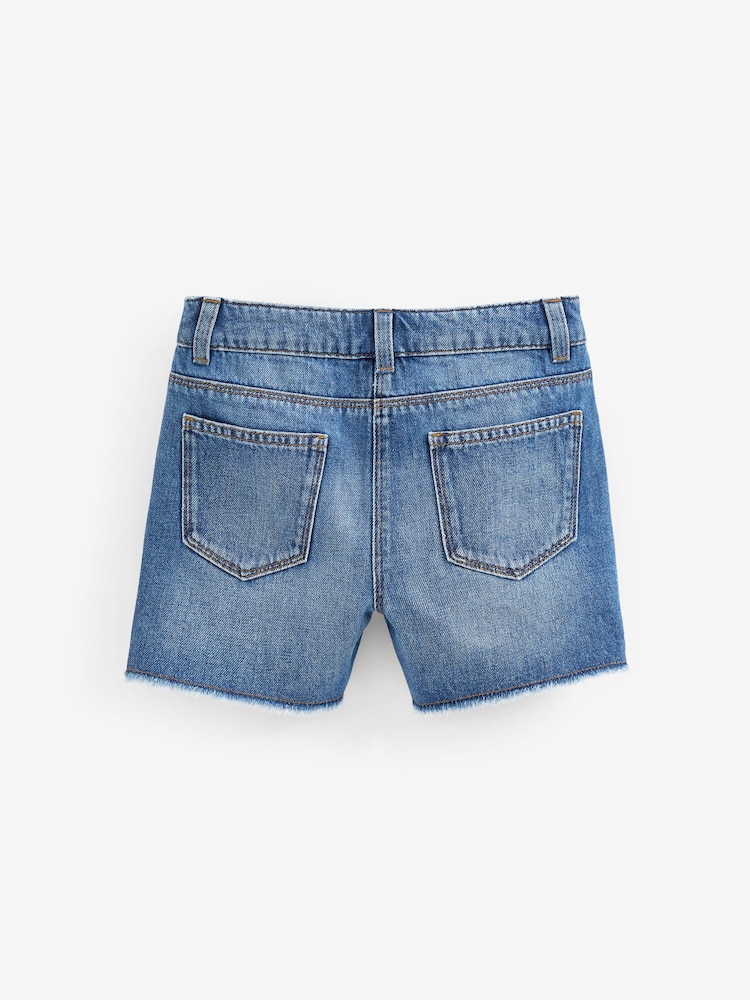 Mid Blue Denim Longer Length Frayed Edge 100% Cotton Denim Shorts (3-16yrs) - Image 9 of 9